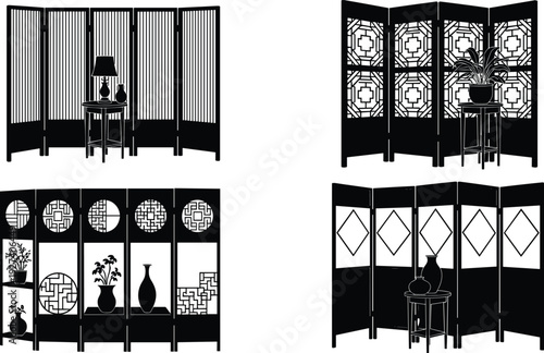 Decorative folding screens, interior design, geometric patterns, wooden partitions, home decor, minimalist furniture, privacy divider, stylish household arrangement illustration