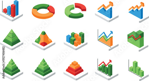 Isometric colorful data visualization icons, business analytics charts, statistical infographic elements, abstract presentation graphics, modern dashboard design set, vector illustration