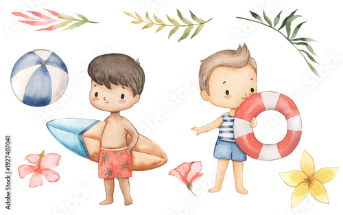 Photography Watercolor tropical leaves, flowers, boy illustration for kids