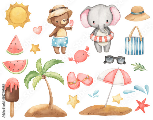 Watercolor elephant, bear, watermelon, sun, ice cream, palm tree illustration for kids