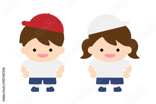 かわいい子供の男の子と女の子セット 幼稚園 保育園 体操服 園児 キャラクター イラスト