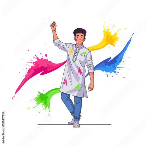 Indian Man Celebrating Holi Festival with Vibrant Color Splashes Sticker