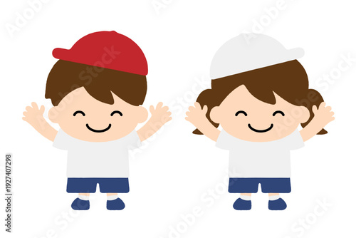 笑顔で手をあげる子供の男の子と女の子セット 幼稚園 保育園 園児 体操服 かわいいイラスト
