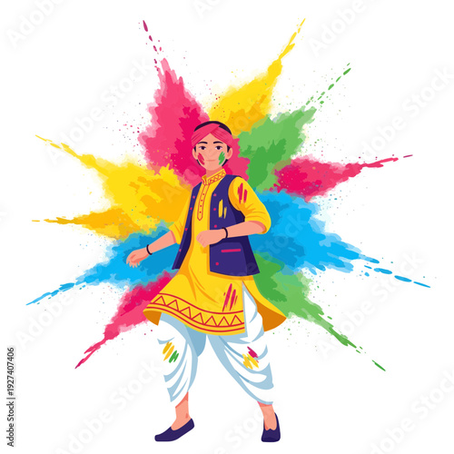 Indian Man in Yellow Kurta Celebrating Holi Festival with Massive Color Explosion