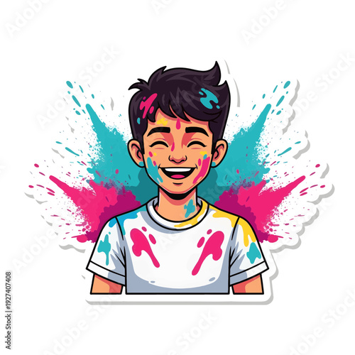 Smiling Young Boy Portrait with Holi Color Powder on Face and Shirt