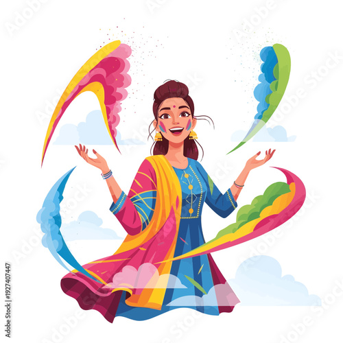 Young Woman Celebrating Holi Festival with Vibrant Color Clouds and Blue Ethnic Outfit