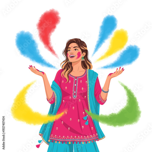 Indian Woman in Traditional Red Salwar Kameez Celebrating Holi with Colorful Powder Splashes