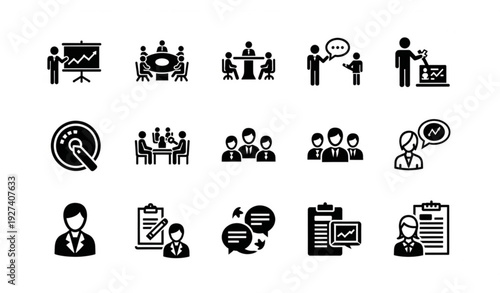 Business Meeting Training Glyph Icon Set Vector Teamwork Presentation and Conference Symbols
