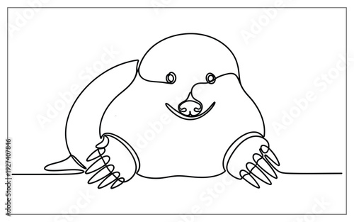 Friendly single line drawing of a plump mole with large paws and a smiling face, simple illustration.