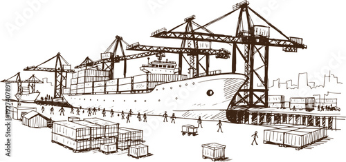 Industrial Shipping Port with Container Cranes, Cargo Ships and Freight Containers – Logistics Infrastructure Concept Vector Black Line Art Illustration, Maritime Transport Harbor Outline Drawing 