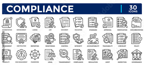 Compliance icon collection. Contains icons for audit, document, law, legal, policy, quality, regulation, standard and license.