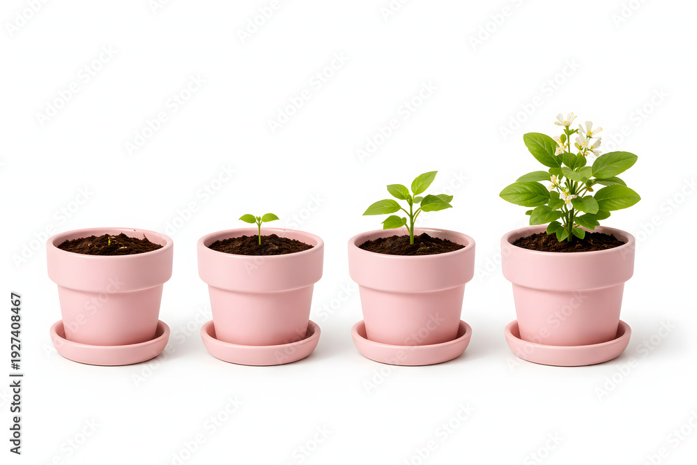 Obraz premium Plant growth stages in pink ceramic pots isolated on white background for business development concept