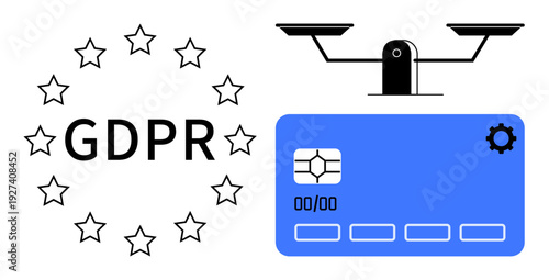 Data privacy, GDPR compliance, legal standards, personal data protection, digital security, European regulations. EU stars, weighing scale and electronic data card icon. Data privacy and GDPR