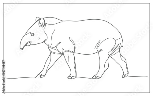 Elegant one line drawing of a tapir in profile, showcasing its unique snout and form with a minimalist aesthetic