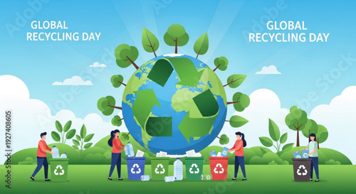 People recycling on global recycling day with earth surrounded by green leaves and recycling bins