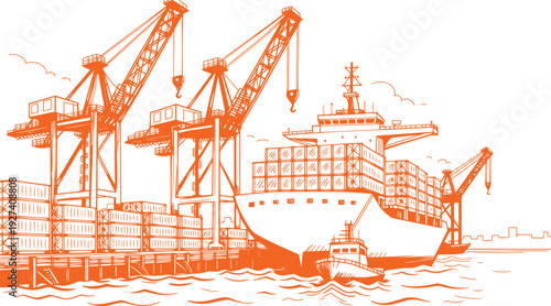 Industrial Shipping Port with Container Cranes, Cargo Ships and Freight Containers – Logistics Infrastructure Concept Vector Black Line Art Illustration, Maritime Transport Harbor Outline Drawing 