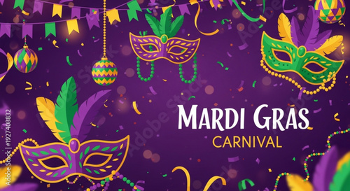 Mardi gras masks and decorations on purple background with confetti and streamers festive carnival celebration