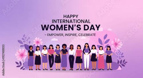 International women's day celebration with diverse group of women standing together in purple and pink background with flowers