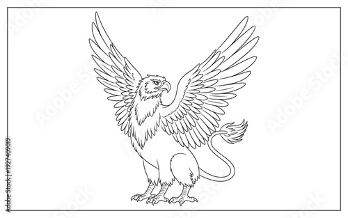 Ferocious griffin with eagle head and lion body, powerful wings spread, symbolizing vigilance and strength in outline.