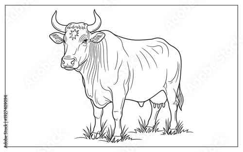 Line art drawing of a strong, muscular cow standing in grass, representing agriculture and dairy farming, suitable for educational content.