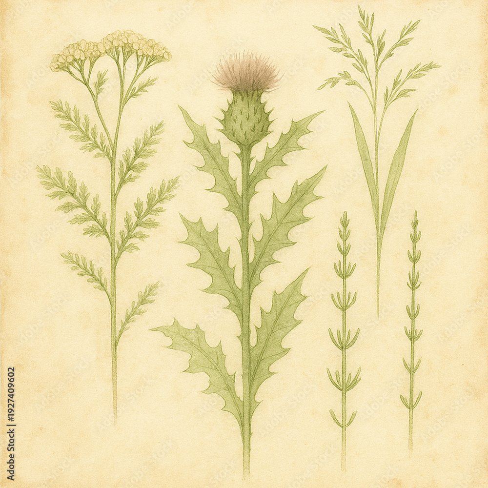 Obraz premium Hand-painted wild plants with handwritten botanical notes, faded ink effect, natural green and sepia tones, antique watercolor illustration style, high detail but soft edges 