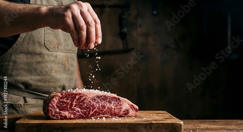 Close-up of a chef cutting fresh raw meat on a wooden cutting board