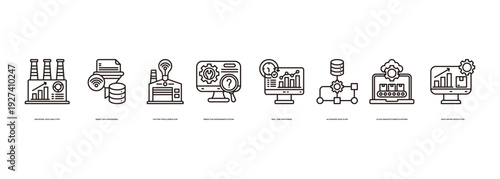 Big Data Factory Banner Illustration Featuring Industrial Data Analytics, Smart Data Processing, Factory Intelligence Hub, Predictive Maintenance System, Real Time Monitoring, Automated Data Flow