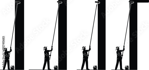 Set of professional painter silhouettes using rollers on tall walls, black worker vector illustration collection isolated on white background for construction and renovation concepts