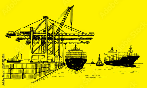 Industrial Shipping Port with Container Cranes, Cargo Ships and Freight Containers – Logistics Infrastructure Concept Vector Black Line Art Illustration, Maritime Transport Harbor Outline Drawing 