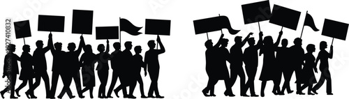 Silhouetted crowd of people protesting with banners and flags, demonstrating unity, activism, freedom of speech, civic engagement, and collective action in public rally illustration