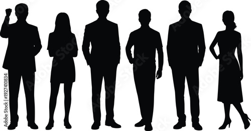 Silhouette row of professional men and women in business attire, standing confidently, teamwork, diversity, corporate identity, workplace unity, and leadership representation in minimalistic 