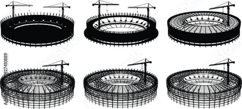 Stadium construction process stages silhouette set with tower cranes, circular arena structure development vector illustration isolated on white background for architecture and engineering concepts