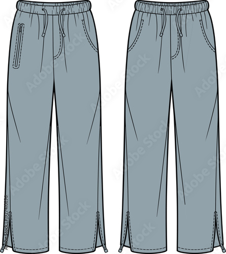 Technical fashion illustration of pants with elastic waistband, drawstring hem, side pockets, zippered pocket, seam detailing, front and back views, garment design template for apparel presentation.