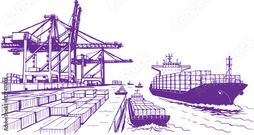 Industrial Shipping Port with Container Cranes, Cargo Ships and Freight Containers – Logistics Infrastructure Concept Vector Black Line Art Illustration, Maritime Transport Harbor Outline Drawing 
