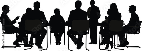 Business team silhouettes sitting at conference table during corporate meeting, professional office discussion, leadership presentation, teamwork collaboration and strategic planning 