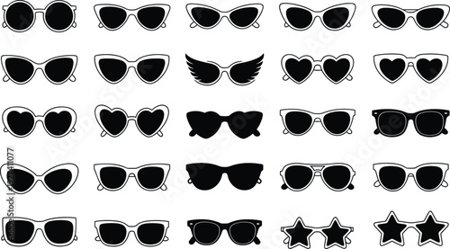 Large Collection of Twenty Five Different Black Silhouette Vector Illustrations of Stylish Sunglasses Featuring Heart Star Winged and Classic Frame Shapes for Fashion Designs