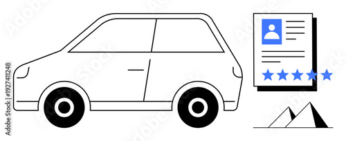 Car next to user profile document with star rating. Ideal for car rental, ridesharing, customer feedback, automotive industry, digital identity, profile ratings, service reviews
