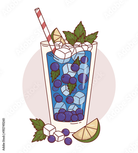 Berry Cocktail with Blackberry, Lemon and Ice Cubes. Summer Refreshing Drink with Black Berries, Striped Straw and Mint in Glass. Vector Illustration