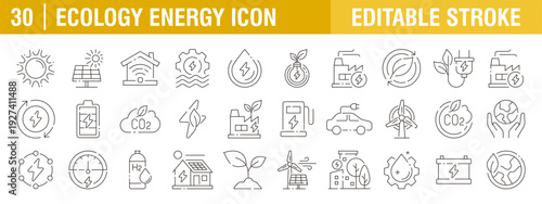 Collection of ecology energy icons. Environment, sustainability, nature, recycle, renewable and more. Vector design templates, signs, symbols, and editable strokes.