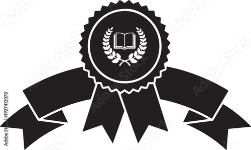 Award rosette with a book and laurel wreath symbol on a ribbon banner, celebrating academic success and recognition.