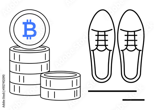 Cryptocurrency, finance, ecommerce, digital economy, payment methods, retail shopping. Stacked Bitcoin coins and lined shoes illustration. Cryptocurrency and finance in ecommerce concept