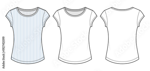 Striped Curved Hem T-Shirt Technical Fashion Illustration. Short Sleeve Scoop Neck Tee with High-Low Hem CAD Vector Template. Front and Back View.