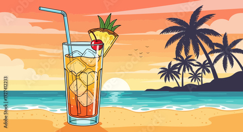 tropical cocktail on beach at sunset, vacation vibes