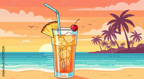 Tropical cocktail on the beach at sunset, summer vibes