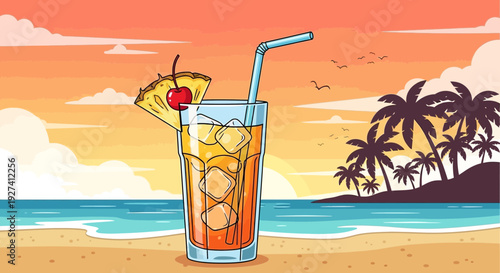 tropical cocktail on beach, summer vacation vibes, sunset