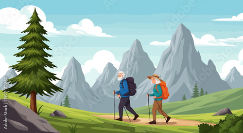 Elderly couple hiking in mountains, active lifestyle, nature adventure