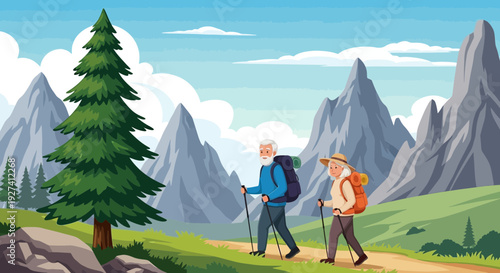 elderly couple hiking mountain trail, nature adventure