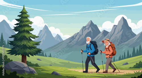 elderly couple hiking mountain landscape, outdoor adventure, nature travel