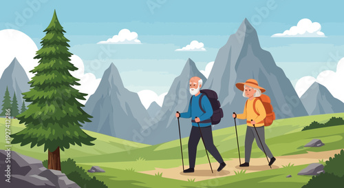 senior couple hiking in mountains, outdoor adventure