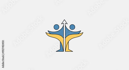 Stylized illustration of two people with arms up in celebration and growth